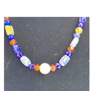 Vintage Murano Millefiori Beaded Art Glass Necklace Cobalt Blue Orange Bead Boho